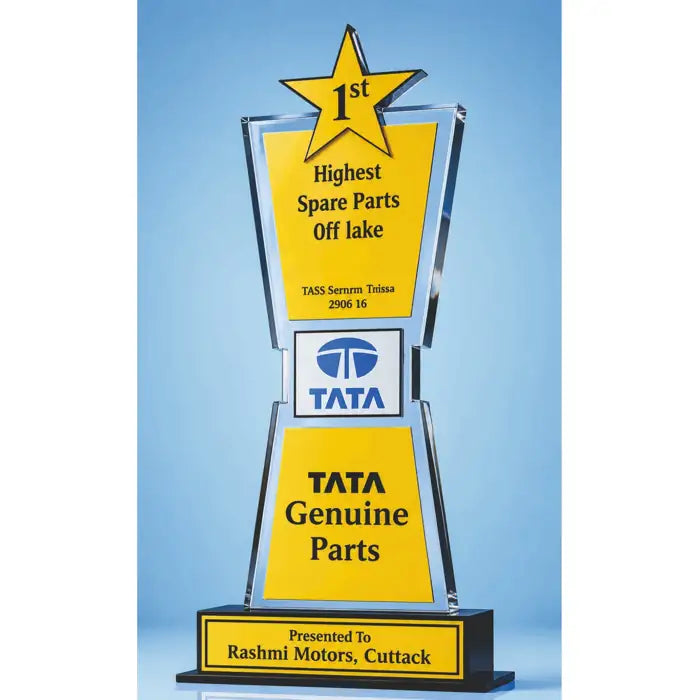 Yellow star trophy on black stand